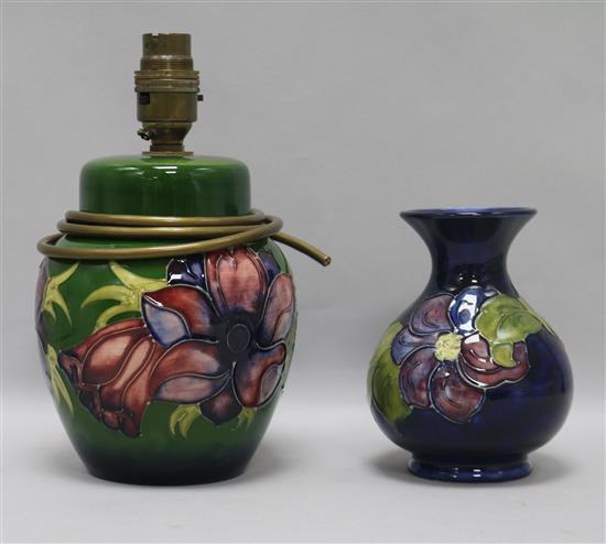 A Moorcroft Clematis vase and a Peony lamp base